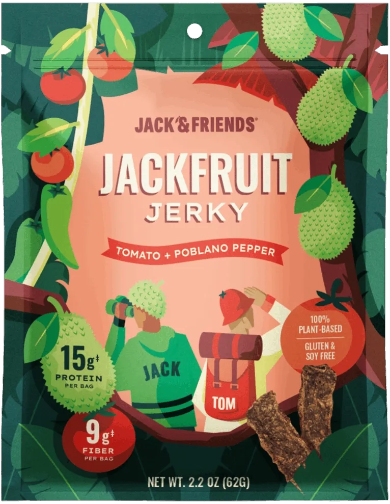 Jack & Tom tomato and poblano pepper jackfruit jerky bag