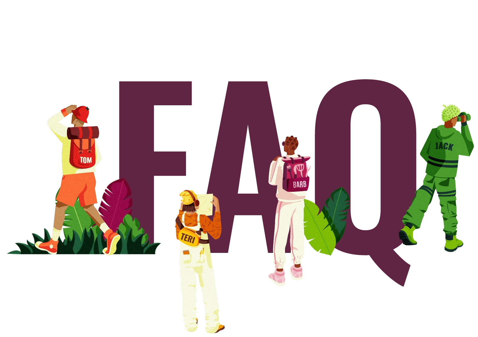 FAQ in big purple letters with explorers walking by