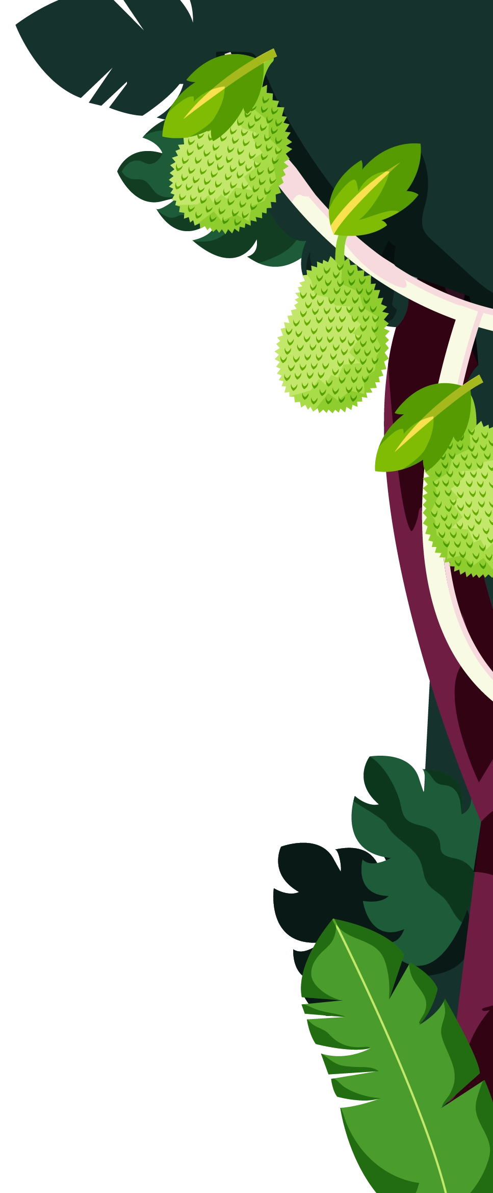 Jungle leaves and jackfruit climbing the right edge